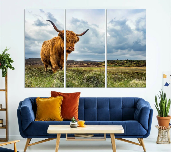 The "Colorful Highland Cow Canvas Art Print Multi Panel Wall Art Animal Picture Canvas" showcases a highland cow set in a picturesque landscape across three panels, printed on museum-quality canvases.