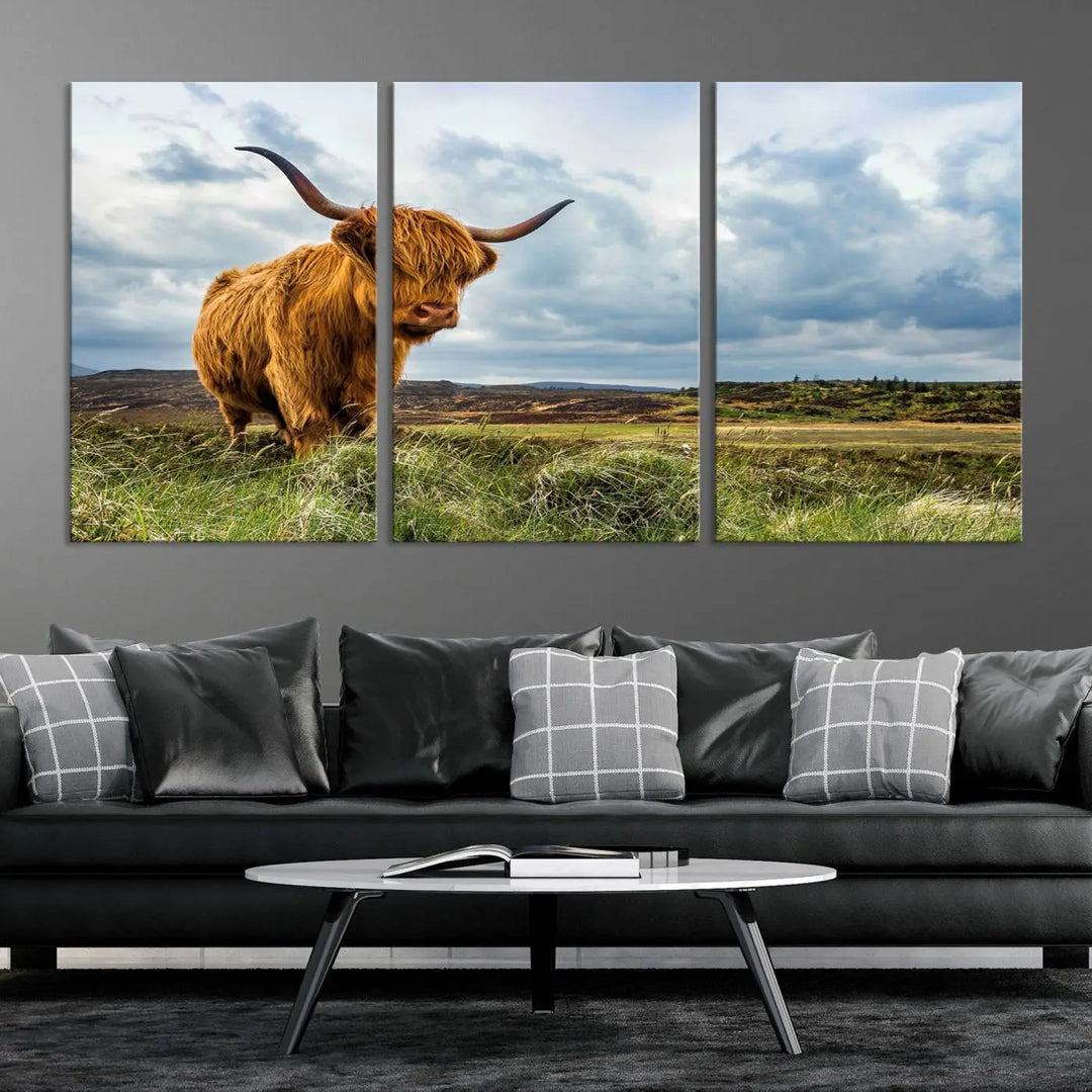 The "Colorful Highland Cow Canvas Art Print Multi Panel Wall Art Animal Picture Canvas" showcases a highland cow set in a picturesque landscape across three panels, printed on museum-quality canvases.