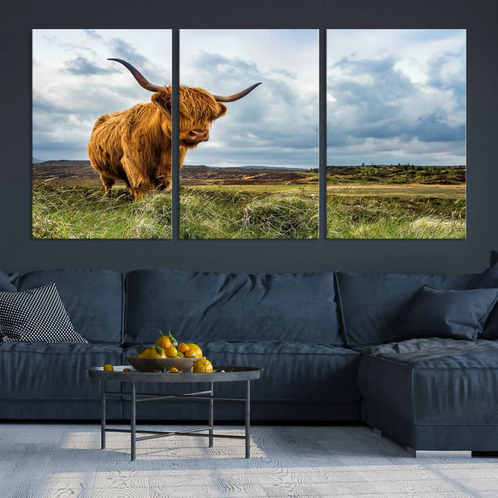 The "Colorful Highland Cow Canvas Art Print Multi Panel Wall Art Animal Picture Canvas" showcases a highland cow set in a picturesque landscape across three panels, printed on museum-quality canvases.