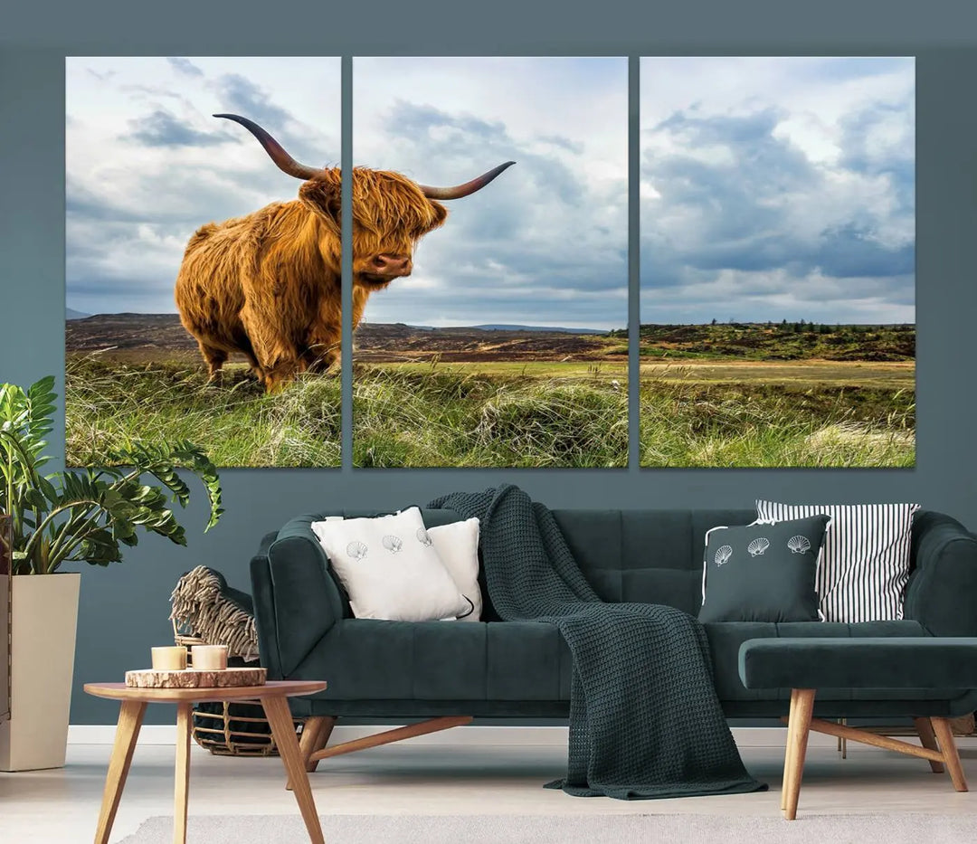 The "Colorful Highland Cow Canvas Art Print Multi Panel Wall Art Animal Picture Canvas" showcases a highland cow set in a picturesque landscape across three panels, printed on museum-quality canvases.