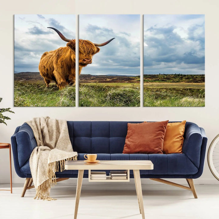 The "Colorful Highland Cow Canvas Art Print Multi Panel Wall Art Animal Picture Canvas" showcases a highland cow set in a picturesque landscape across three panels, printed on museum-quality canvases.