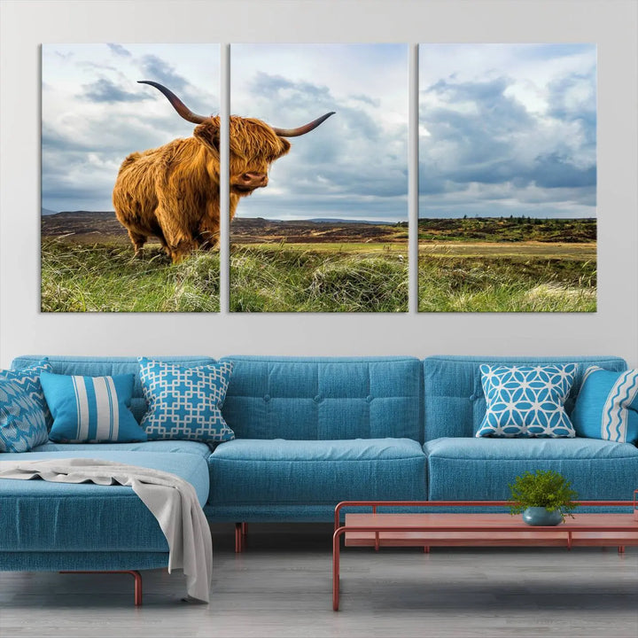 The "Colorful Highland Cow Canvas Art Print Multi Panel Wall Art Animal Picture Canvas" showcases a highland cow set in a picturesque landscape across three panels, printed on museum-quality canvases.