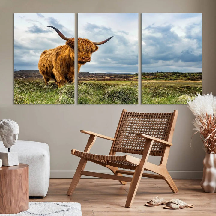 The "Colorful Highland Cow Canvas Art Print Multi Panel Wall Art Animal Picture Canvas" showcases a highland cow set in a picturesque landscape across three panels, printed on museum-quality canvases.