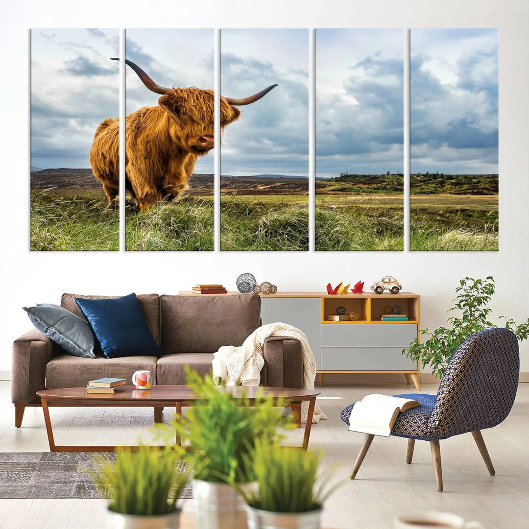 The "Colorful Highland Cow Canvas Art Print Multi Panel Wall Art Animal Picture Canvas" showcases a highland cow set in a picturesque landscape across three panels, printed on museum-quality canvases.