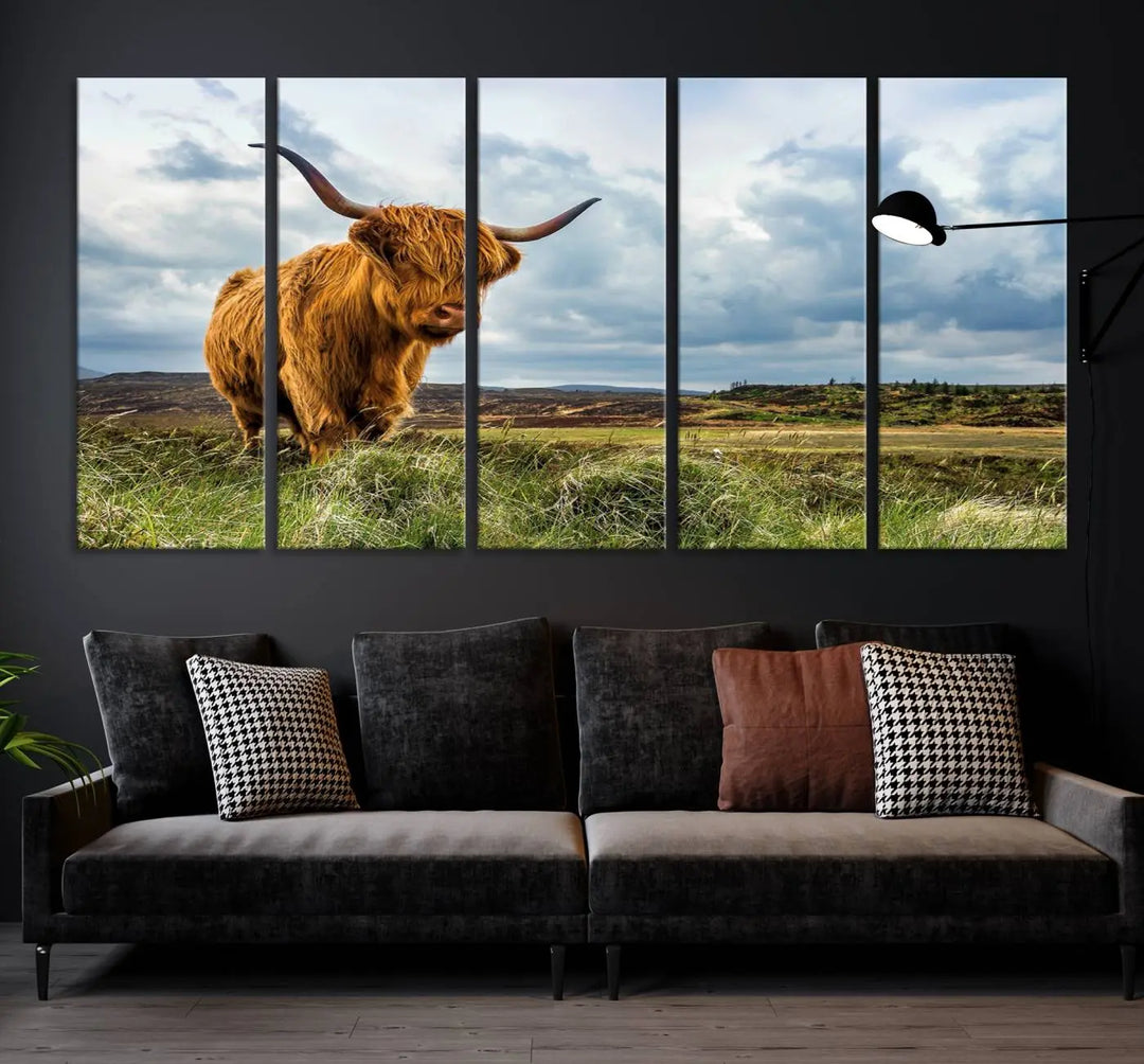 The "Colorful Highland Cow Canvas Art Print Multi Panel Wall Art Animal Picture Canvas" showcases a highland cow set in a picturesque landscape across three panels, printed on museum-quality canvases.