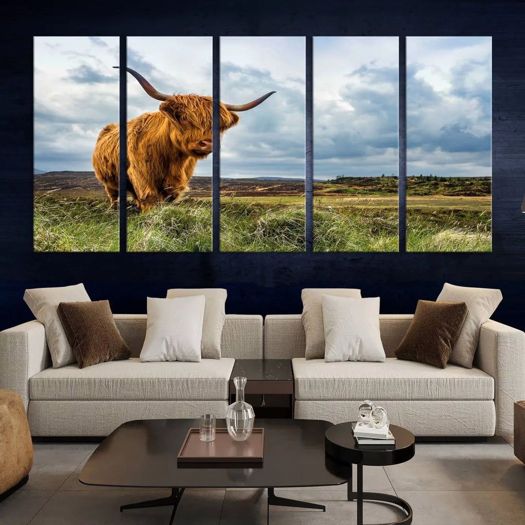 The "Colorful Highland Cow Canvas Art Print Multi Panel Wall Art Animal Picture Canvas" showcases a highland cow set in a picturesque landscape across three panels, printed on museum-quality canvases.