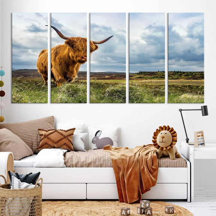 The "Colorful Highland Cow Canvas Art Print Multi Panel Wall Art Animal Picture Canvas" showcases a highland cow set in a picturesque landscape across three panels, printed on museum-quality canvases.