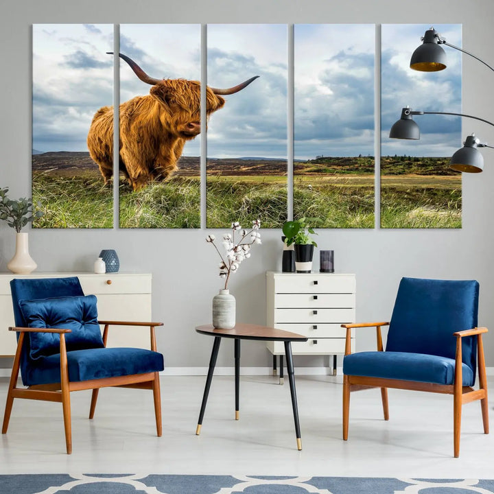 The "Colorful Highland Cow Canvas Art Print Multi Panel Wall Art Animal Picture Canvas" showcases a highland cow set in a picturesque landscape across three panels, printed on museum-quality canvases.