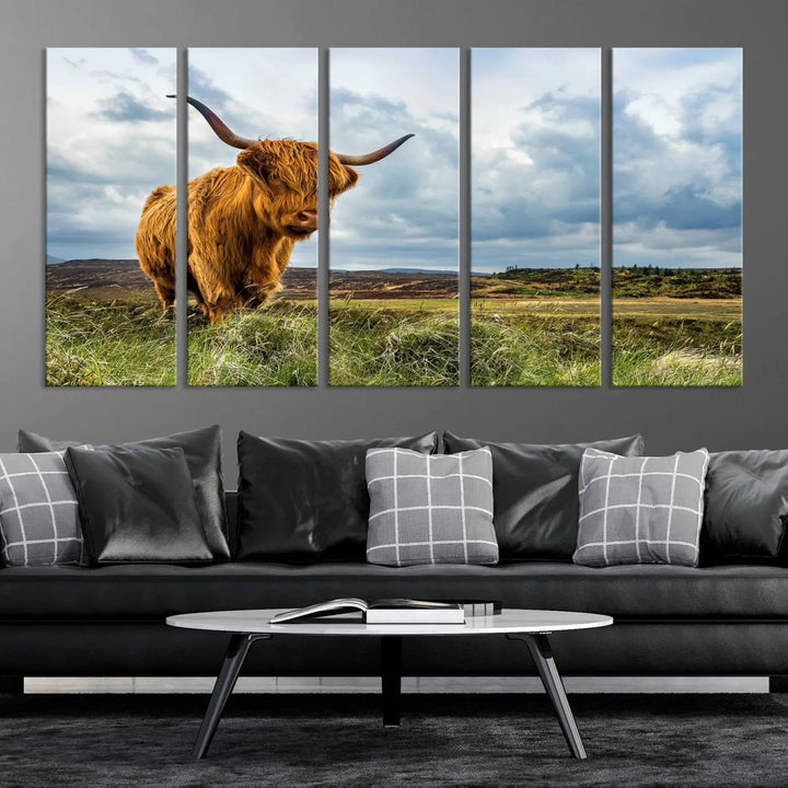 The "Colorful Highland Cow Canvas Art Print Multi Panel Wall Art Animal Picture Canvas" showcases a highland cow set in a picturesque landscape across three panels, printed on museum-quality canvases.