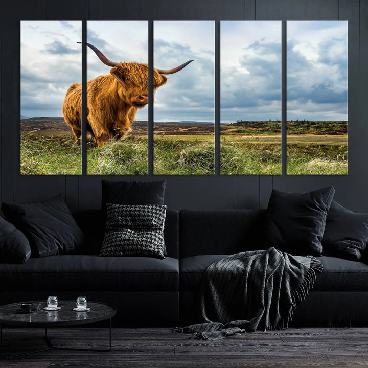 The "Colorful Highland Cow Canvas Art Print Multi Panel Wall Art Animal Picture Canvas" showcases a highland cow set in a picturesque landscape across three panels, printed on museum-quality canvases.