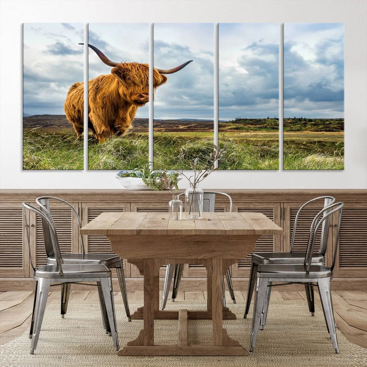 The "Colorful Highland Cow Canvas Art Print Multi Panel Wall Art Animal Picture Canvas" showcases a highland cow set in a picturesque landscape across three panels, printed on museum-quality canvases.