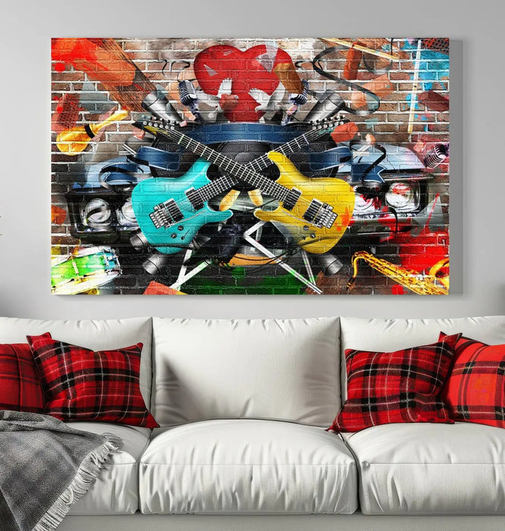 The Colorful Instruments Collage Wall Art Canvas Print showcases vibrant guitars and abstract musical motifs against a brick backdrop. Enjoy the charm of canvas art with museum-quality precision that enhances the artistic appeal of your decor.