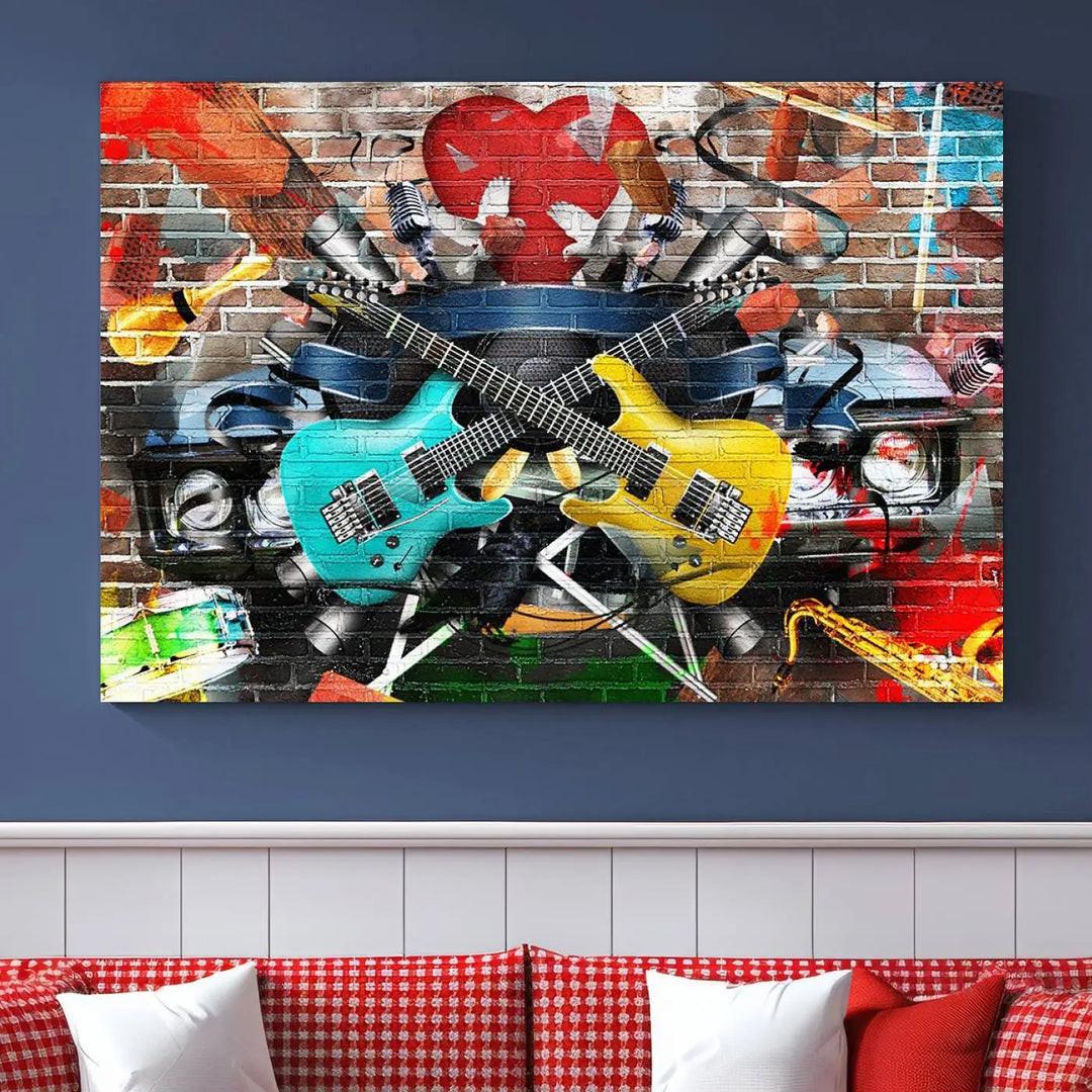 The Colorful Instruments Collage Wall Art Canvas Print showcases vibrant guitars and abstract musical motifs against a brick backdrop. Enjoy the charm of canvas art with museum-quality precision that enhances the artistic appeal of your decor.