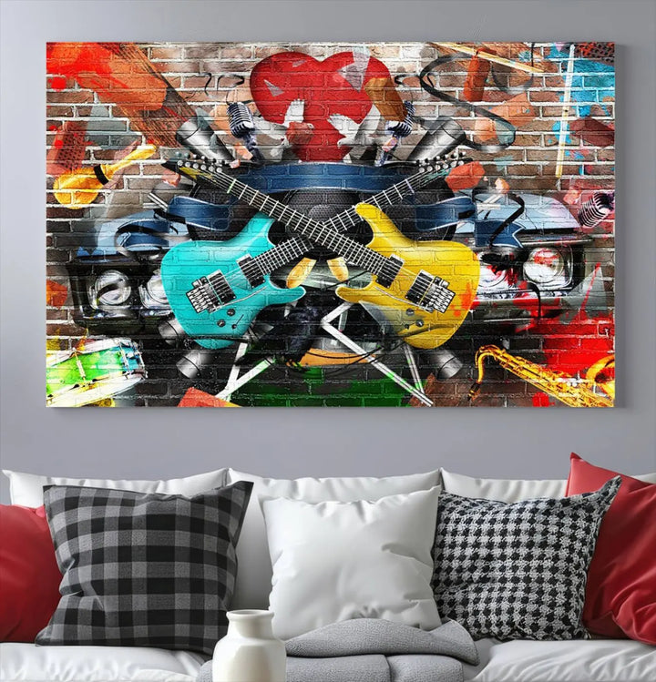 The Colorful Instruments Collage Wall Art Canvas Print showcases vibrant guitars and abstract musical motifs against a brick backdrop. Enjoy the charm of canvas art with museum-quality precision that enhances the artistic appeal of your decor.