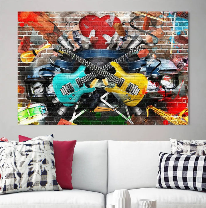 The Colorful Instruments Collage Wall Art Canvas Print showcases vibrant guitars and abstract musical motifs against a brick backdrop. Enjoy the charm of canvas art with museum-quality precision that enhances the artistic appeal of your decor.