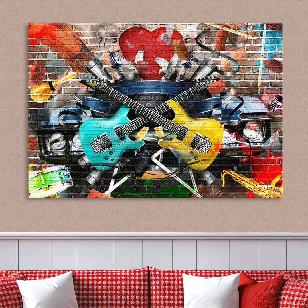 The Colorful Instruments Collage Wall Art Canvas Print showcases vibrant guitars and abstract musical motifs against a brick backdrop. Enjoy the charm of canvas art with museum-quality precision that enhances the artistic appeal of your decor.