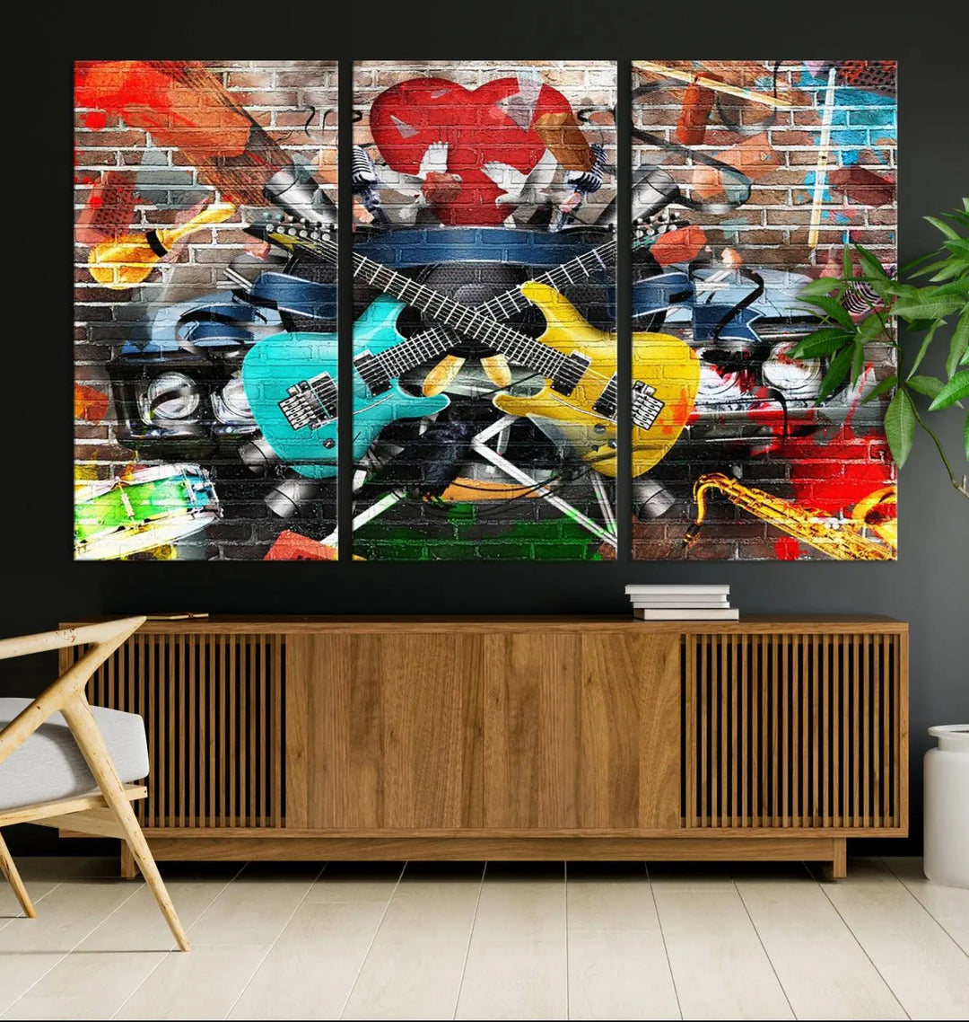 The Colorful Instruments Collage Wall Art Canvas Print showcases vibrant guitars and abstract musical motifs against a brick backdrop. Enjoy the charm of canvas art with museum-quality precision that enhances the artistic appeal of your decor.