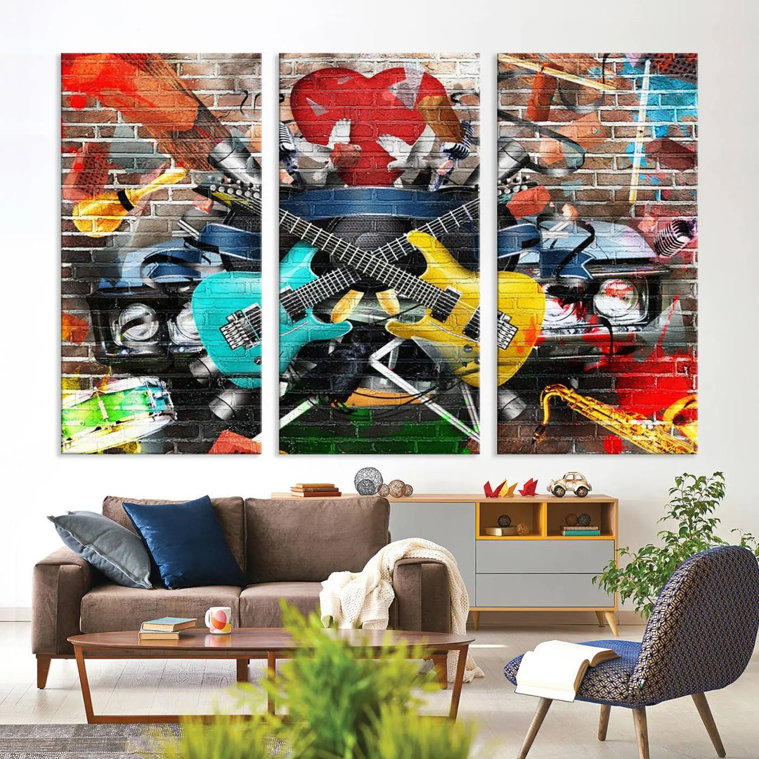 The Colorful Instruments Collage Wall Art Canvas Print showcases vibrant guitars and abstract musical motifs against a brick backdrop. Enjoy the charm of canvas art with museum-quality precision that enhances the artistic appeal of your decor.