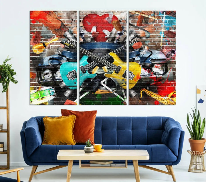 The Colorful Instruments Collage Wall Art Canvas Print showcases vibrant guitars and abstract musical motifs against a brick backdrop. Enjoy the charm of canvas art with museum-quality precision that enhances the artistic appeal of your decor.