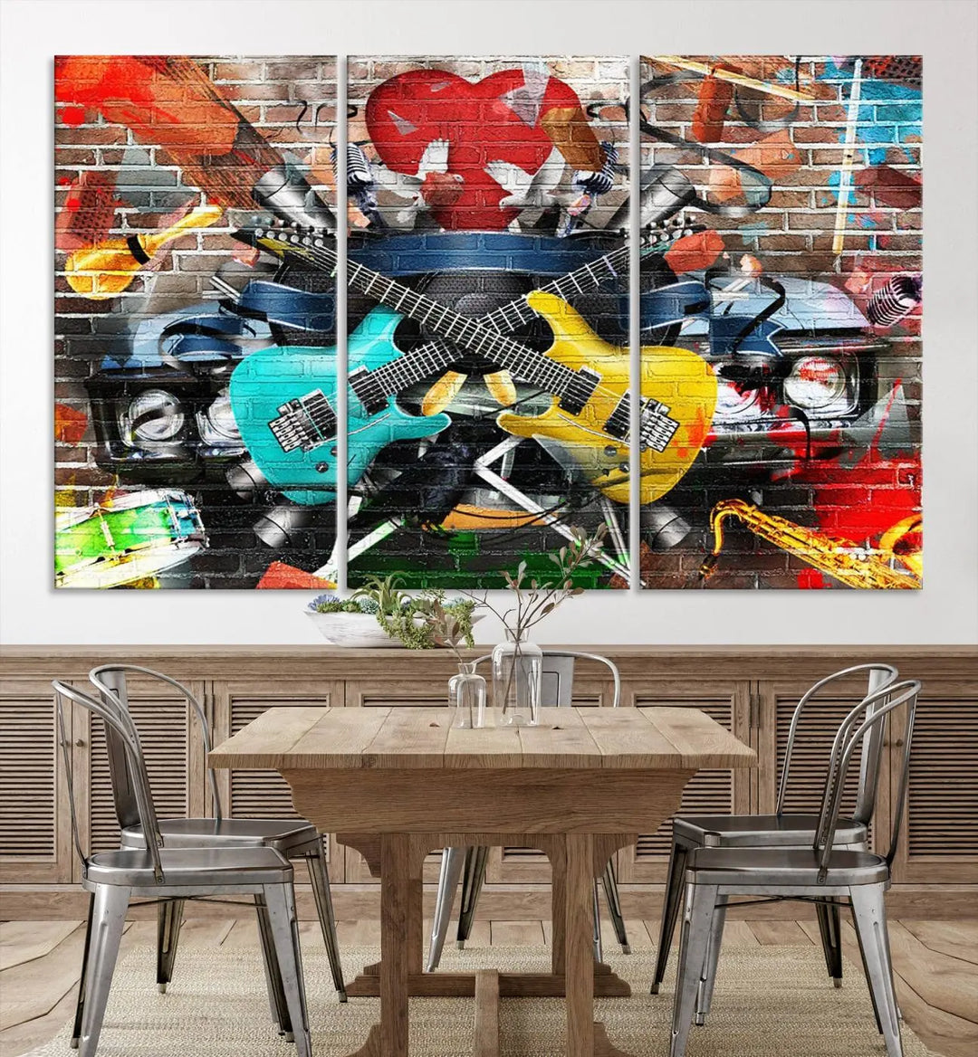 The Colorful Instruments Collage Wall Art Canvas Print showcases vibrant guitars and abstract musical motifs against a brick backdrop. Enjoy the charm of canvas art with museum-quality precision that enhances the artistic appeal of your decor.