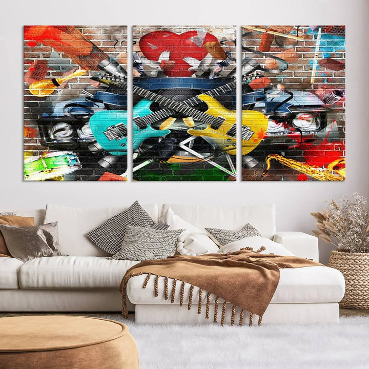 The Colorful Instruments Collage Wall Art Canvas Print showcases vibrant guitars and abstract musical motifs against a brick backdrop. Enjoy the charm of canvas art with museum-quality precision that enhances the artistic appeal of your decor.