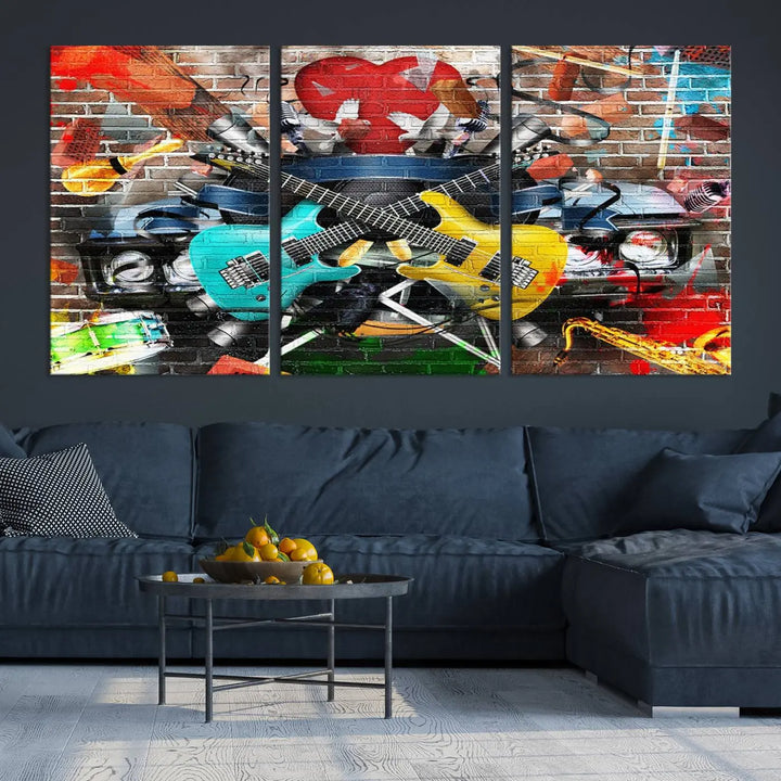 The Colorful Instruments Collage Wall Art Canvas Print showcases vibrant guitars and abstract musical motifs against a brick backdrop. Enjoy the charm of canvas art with museum-quality precision that enhances the artistic appeal of your decor.