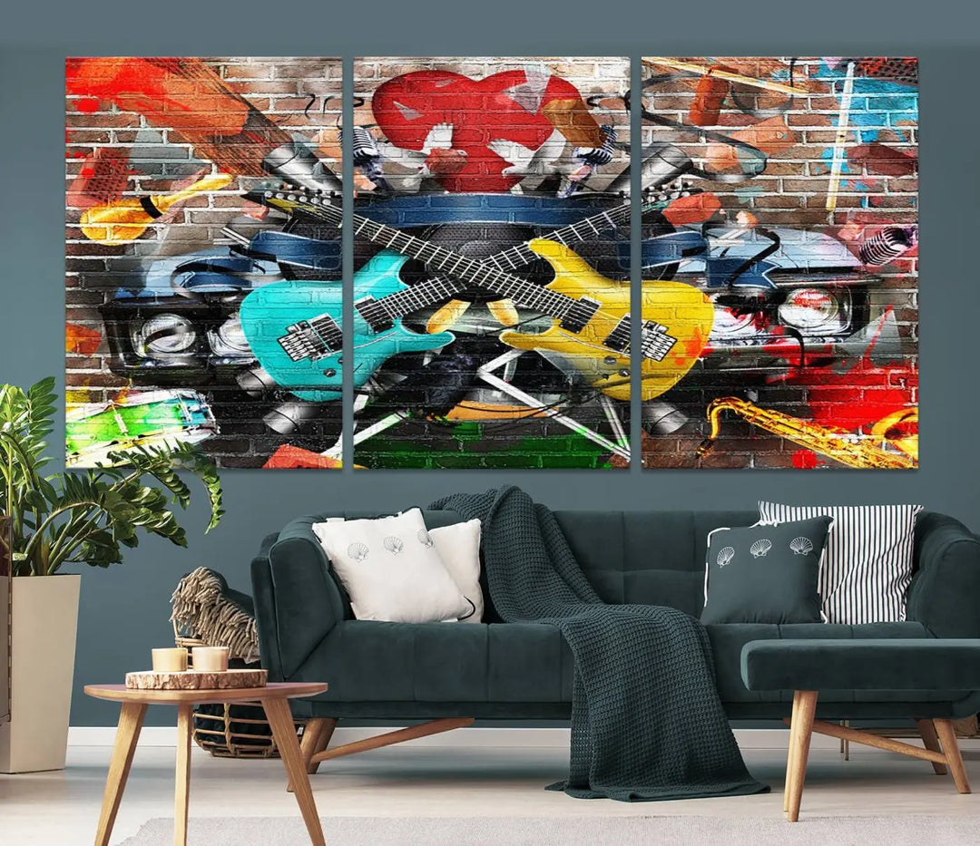 The Colorful Instruments Collage Wall Art Canvas Print showcases vibrant guitars and abstract musical motifs against a brick backdrop. Enjoy the charm of canvas art with museum-quality precision that enhances the artistic appeal of your decor.