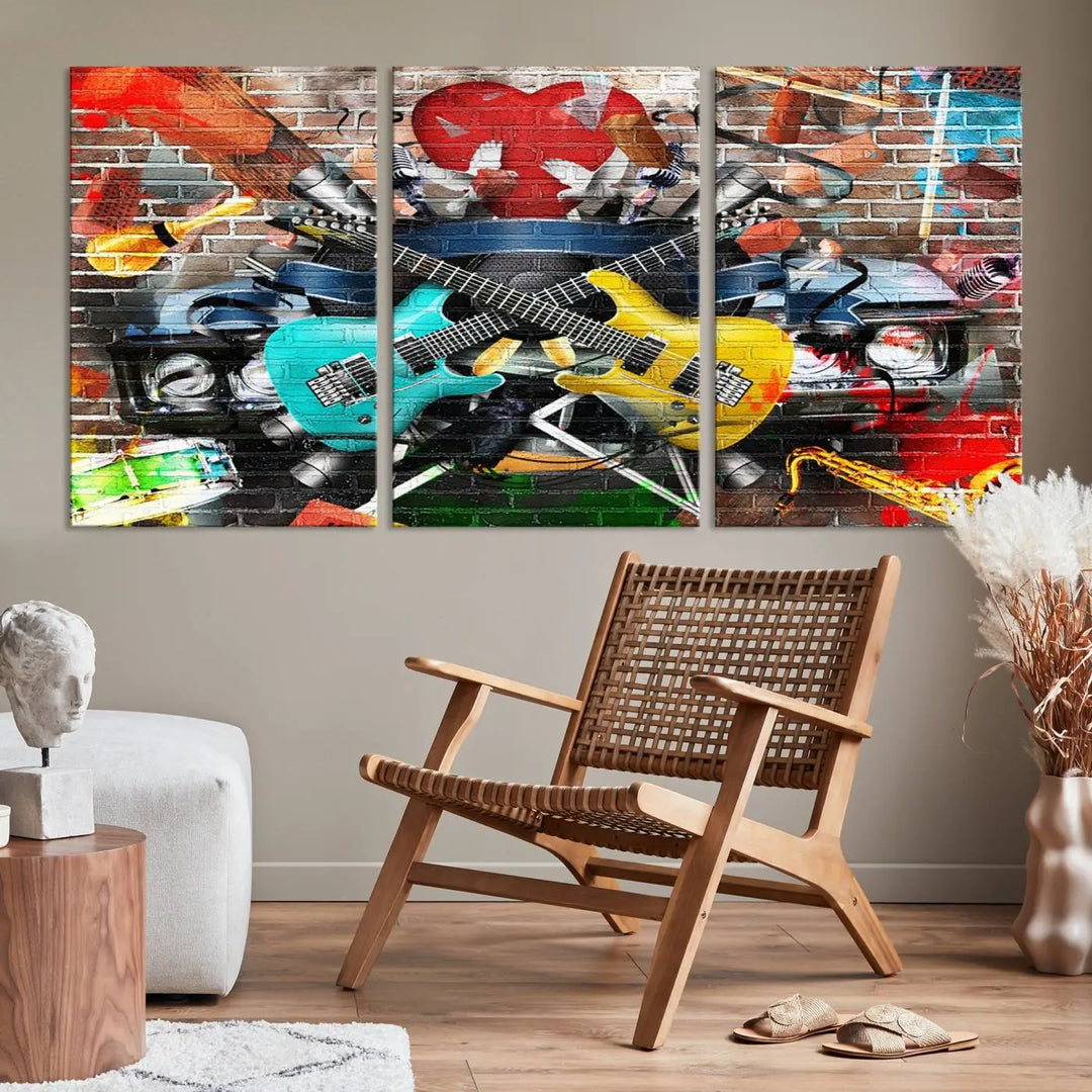 The Colorful Instruments Collage Wall Art Canvas Print showcases vibrant guitars and abstract musical motifs against a brick backdrop. Enjoy the charm of canvas art with museum-quality precision that enhances the artistic appeal of your decor.