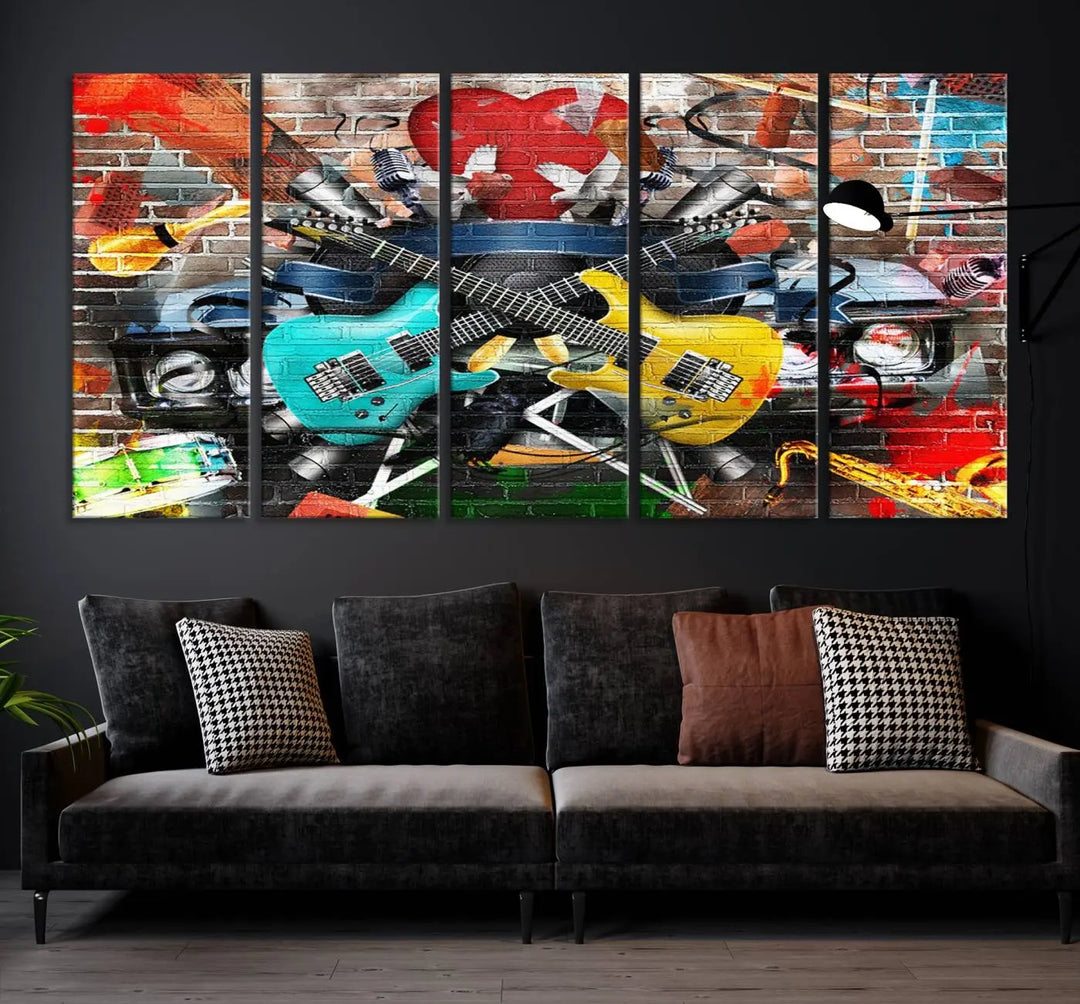 The Colorful Instruments Collage Wall Art Canvas Print showcases vibrant guitars and abstract musical motifs against a brick backdrop. Enjoy the charm of canvas art with museum-quality precision that enhances the artistic appeal of your decor.