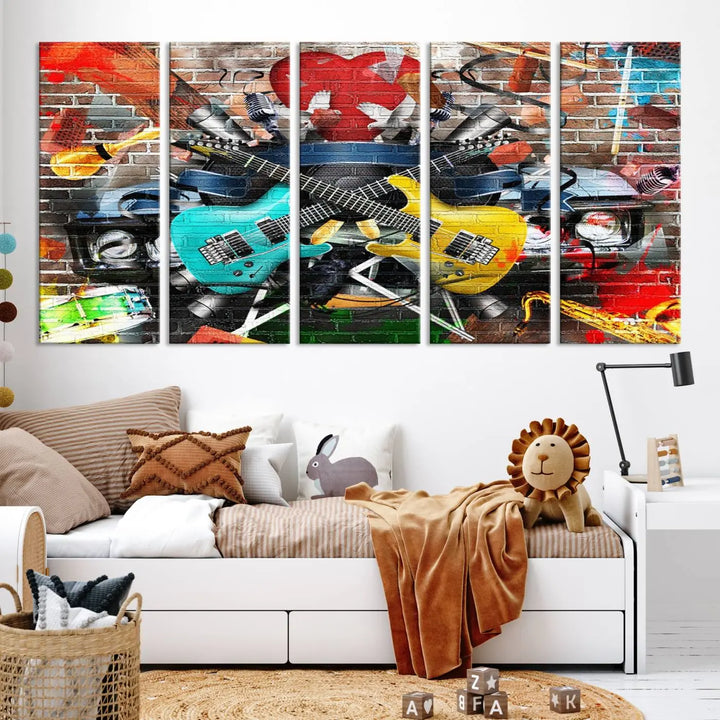 The Colorful Instruments Collage Wall Art Canvas Print showcases vibrant guitars and abstract musical motifs against a brick backdrop. Enjoy the charm of canvas art with museum-quality precision that enhances the artistic appeal of your decor.