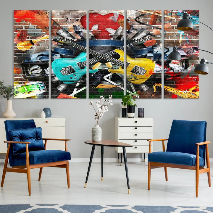 The Colorful Instruments Collage Wall Art Canvas Print showcases vibrant guitars and abstract musical motifs against a brick backdrop. Enjoy the charm of canvas art with museum-quality precision that enhances the artistic appeal of your decor.