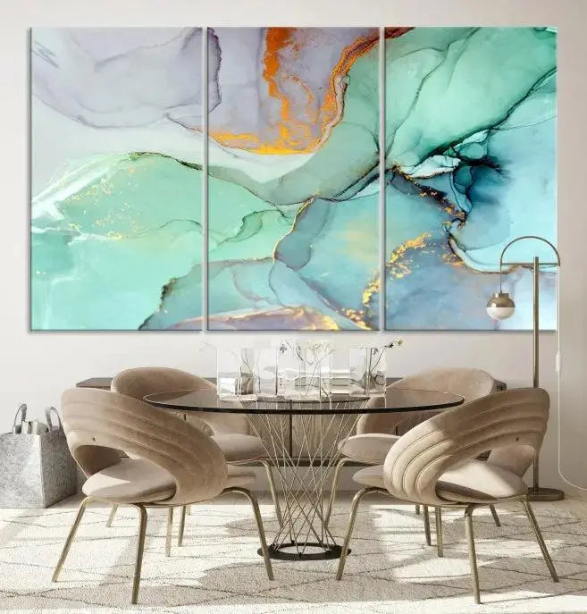 Contemporary living room featuring the Colorful Marble Fluid Effect Wall Art Abstract Canvas Wall Art Print, showcasing multi-panel abstract designs in teal, gold, and white tones. This museum-quality canvas artwork is ready to hang and finished with a UV-protective coating for enduring vibrancy.