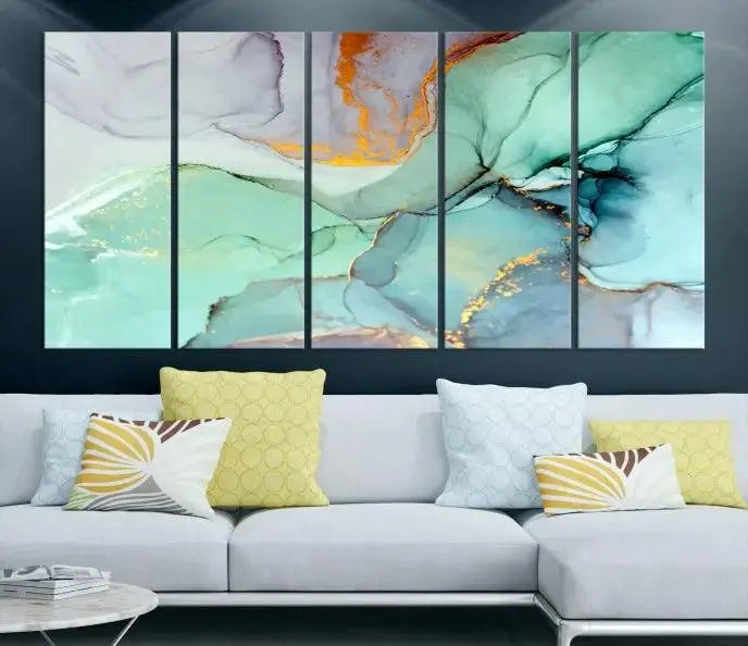 Contemporary living room featuring the Colorful Marble Fluid Effect Wall Art Abstract Canvas Wall Art Print, showcasing multi-panel abstract designs in teal, gold, and white tones. This museum-quality canvas artwork is ready to hang and finished with a UV-protective coating for enduring vibrancy.