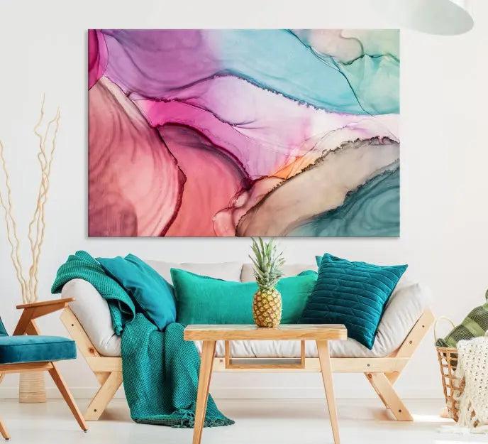 A modern living room showcases a "Colorful Marble Fluid Effect Wall Art" abstract canvas print on a gallery-wrapped, museum-quality canvas.