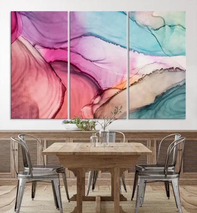 A modern living room showcases a "Colorful Marble Fluid Effect Wall Art" abstract canvas print on a gallery-wrapped, museum-quality canvas.