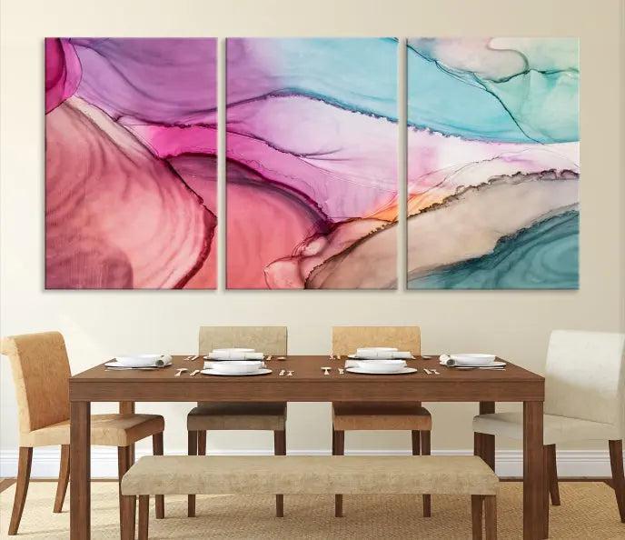 A modern living room showcases a "Colorful Marble Fluid Effect Wall Art" abstract canvas print on a gallery-wrapped, museum-quality canvas.