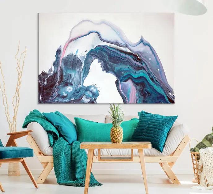 A stunning triptych of the "Colorful Marble Fluid Effect Wall Art Abstract Canvas Wall Art Print" in blue and purple hues hangs prominently in this modern living room.