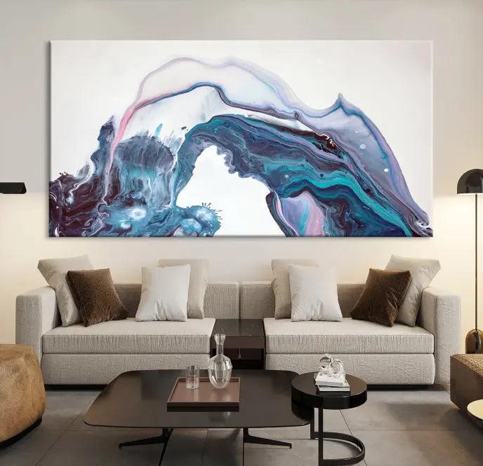 A stunning triptych of the "Colorful Marble Fluid Effect Wall Art Abstract Canvas Wall Art Print" in blue and purple hues hangs prominently in this modern living room.