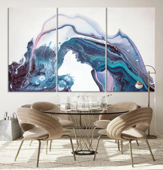 A stunning triptych of the "Colorful Marble Fluid Effect Wall Art Abstract Canvas Wall Art Print" in blue and purple hues hangs prominently in this modern living room.