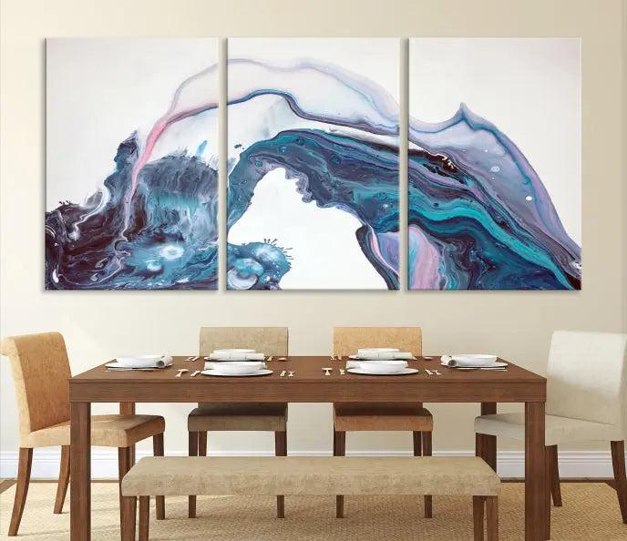 A stunning triptych of the "Colorful Marble Fluid Effect Wall Art Abstract Canvas Wall Art Print" in blue and purple hues hangs prominently in this modern living room.