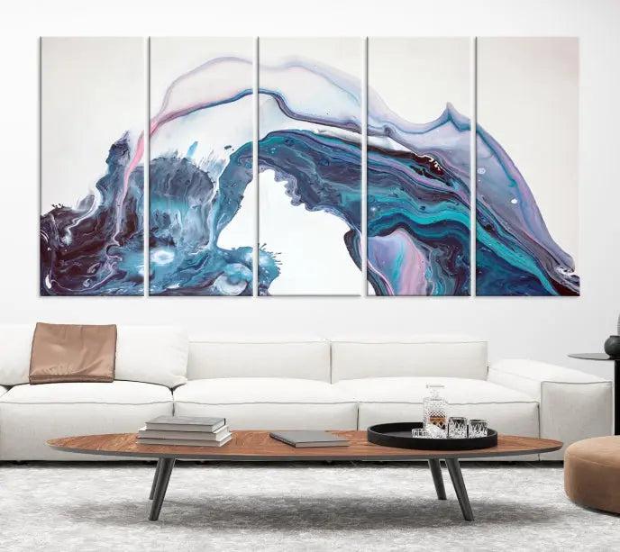 A stunning triptych of the "Colorful Marble Fluid Effect Wall Art Abstract Canvas Wall Art Print" in blue and purple hues hangs prominently in this modern living room.