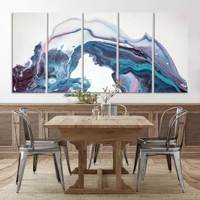 A stunning triptych of the "Colorful Marble Fluid Effect Wall Art Abstract Canvas Wall Art Print" in blue and purple hues hangs prominently in this modern living room.