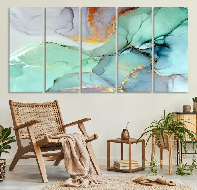 Contemporary living room featuring the Colorful Marble Fluid Effect Wall Art Abstract Canvas Wall Art Print, showcasing multi-panel abstract designs in teal, gold, and white tones. This museum-quality canvas artwork is ready to hang and finished with a UV-protective coating for enduring vibrancy.