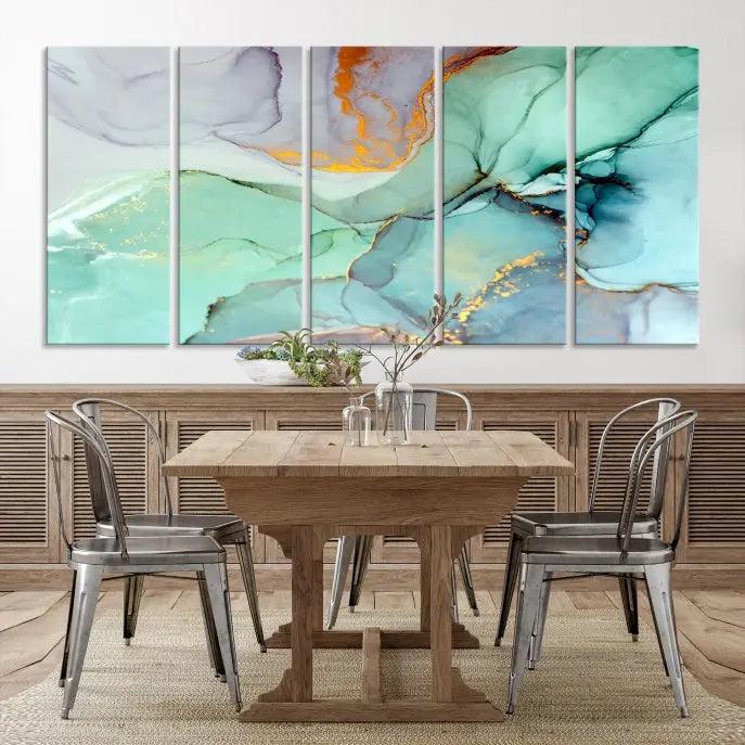 Contemporary living room featuring the Colorful Marble Fluid Effect Wall Art Abstract Canvas Wall Art Print, showcasing multi-panel abstract designs in teal, gold, and white tones. This museum-quality canvas artwork is ready to hang and finished with a UV-protective coating for enduring vibrancy.