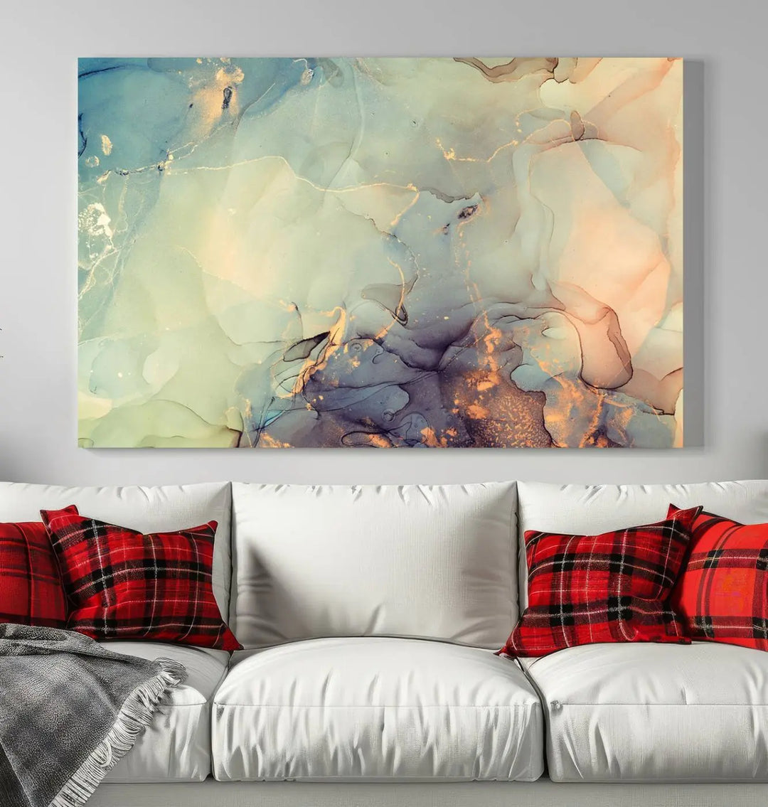 The "Colorful Marble Fluid Effect Wall Art" print, featuring abstract patterns with gold accents on a museum-quality canvas, elegantly graces the wall. This ready-to-hang artwork comes with a UV-protective coating to ensure lasting brilliance, enhancing the sophistication of your space.