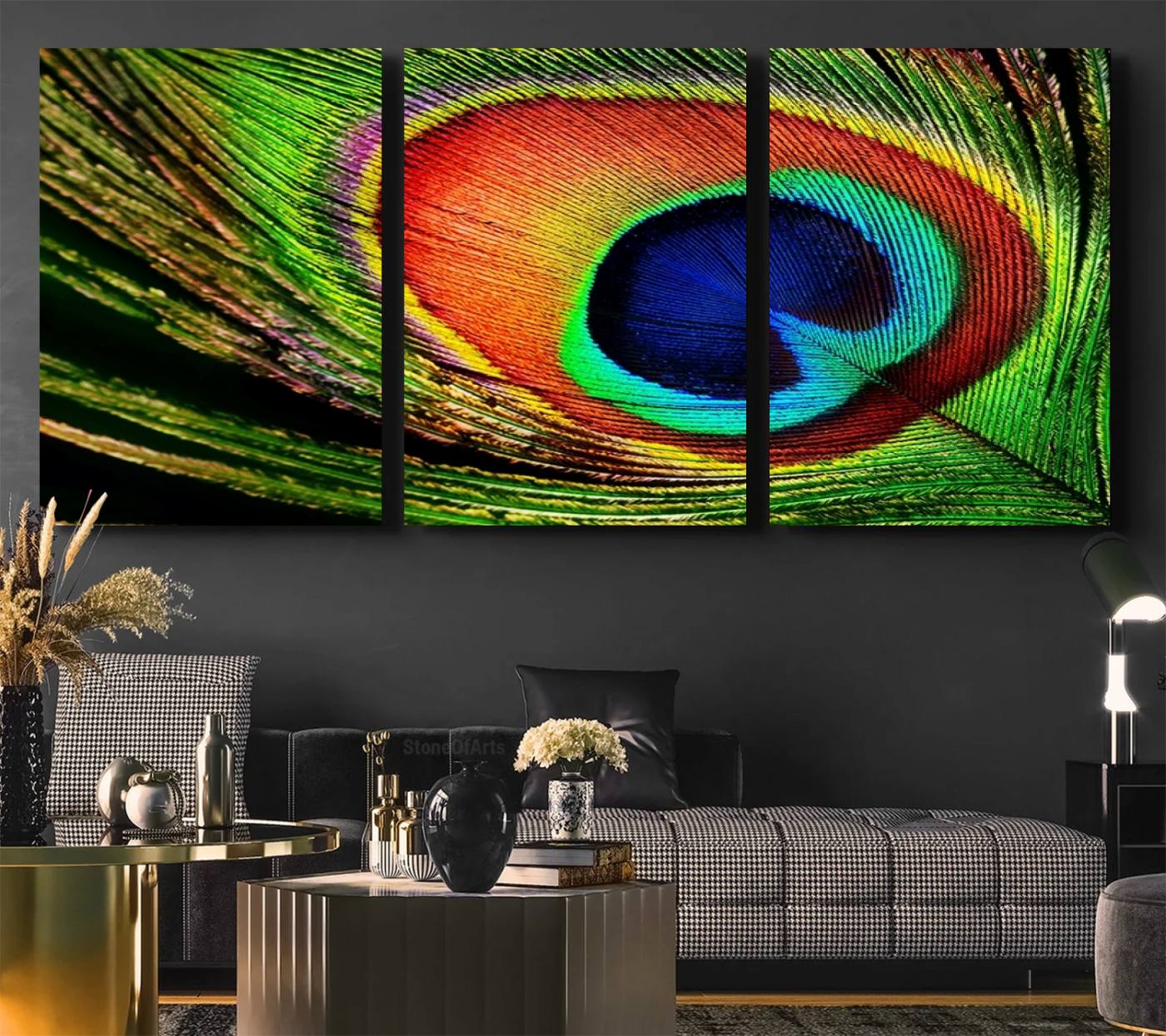 64643-MGV-CV-36X24-Colorful Peacock Feather Wall Art Print - Vibrant Green, Blue, and Orange Peacock Feather Design, Ready to Hang