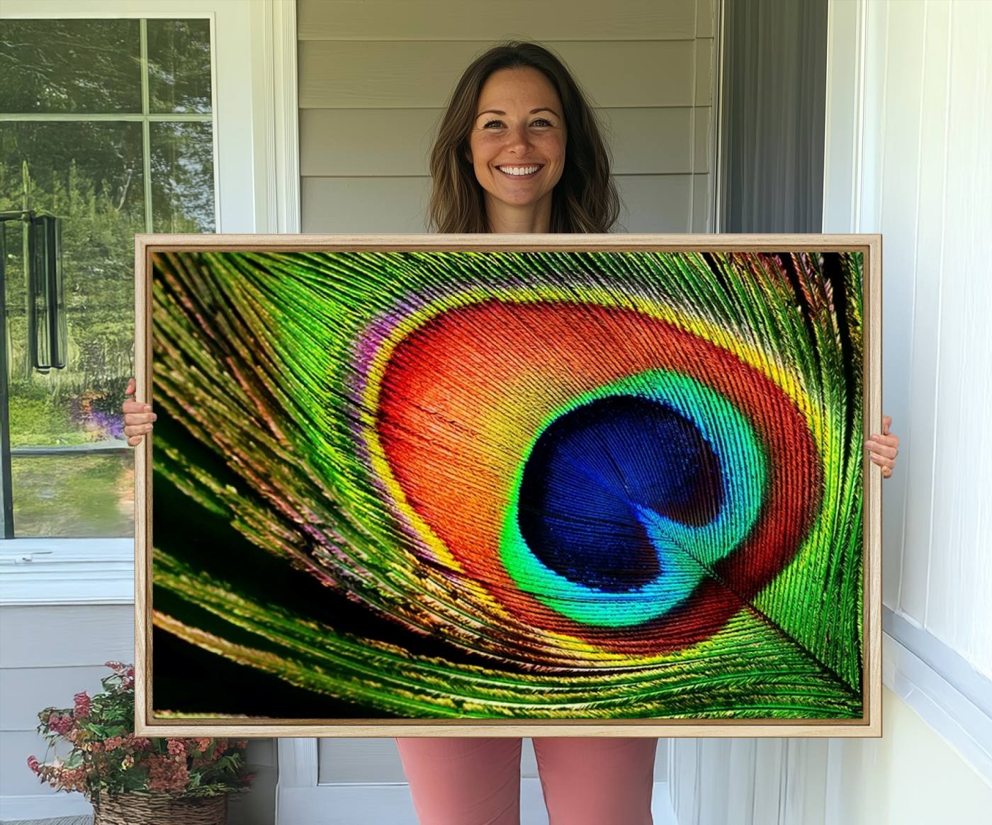 64643-MGV-CV-36X24-Colorful Peacock Feather Wall Art Print - Vibrant Green, Blue, and Orange Peacock Feather Design, Ready to Hang