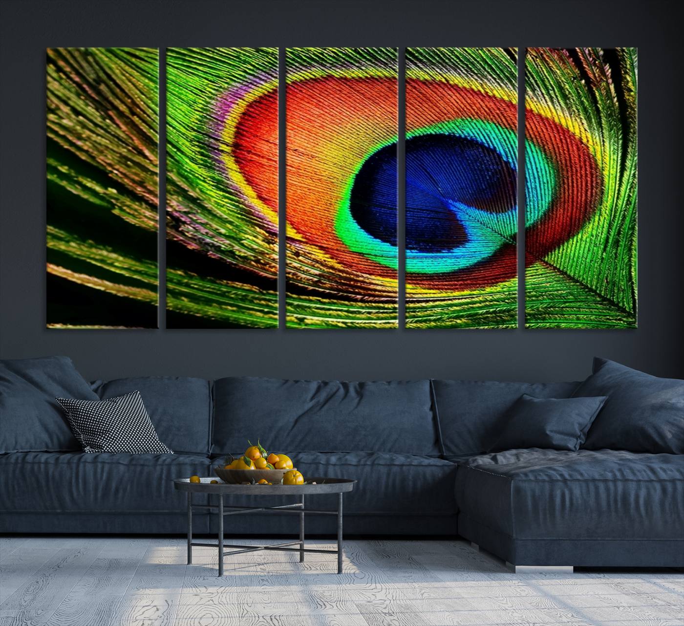 64643-MGV-CV-36X24-Colorful Peacock Feather Wall Art Print - Vibrant Green, Blue, and Orange Peacock Feather Design,