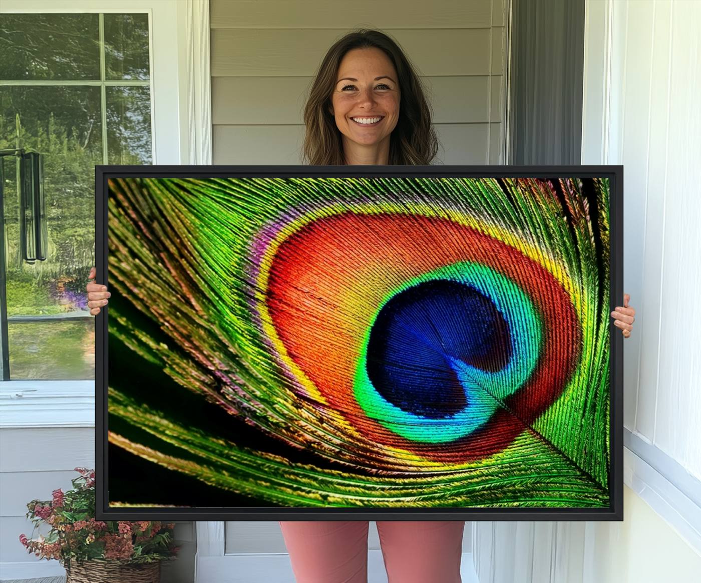 64643-MGV-CV-36X24-Colorful Peacock Feather Wall Art Print - Vibrant Green, Blue, and Orange Peacock Feather Design, Ready to Hang