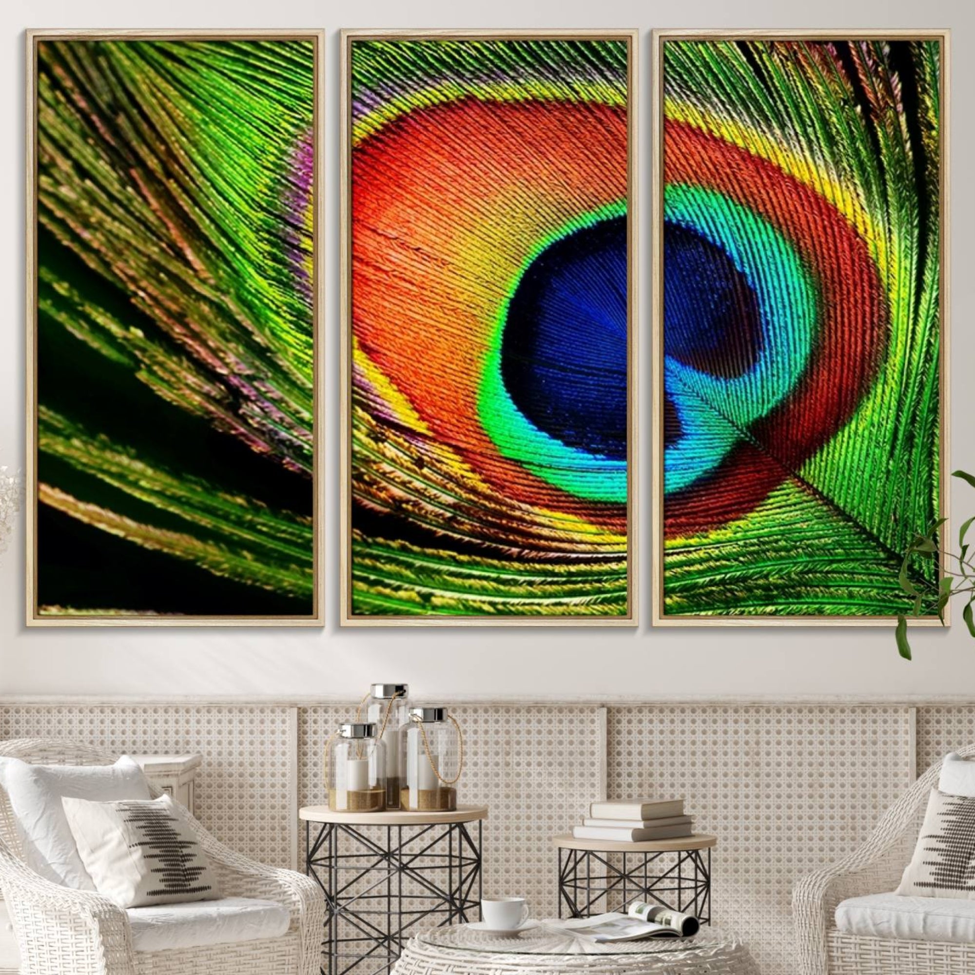 64643-MGV-CV-36X24-Colorful Peacock Feather Wall Art Print - Vibrant Green, Blue, and Orange Peacock Feather Design,